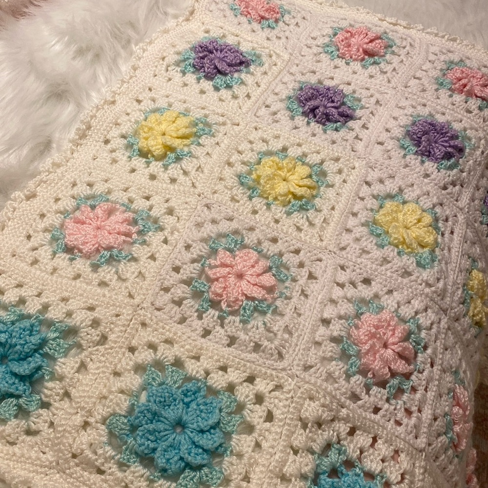 Hand Crocheted Flower Squares Baby Blanket Shabby Chic Childs Afghan Cottagecore